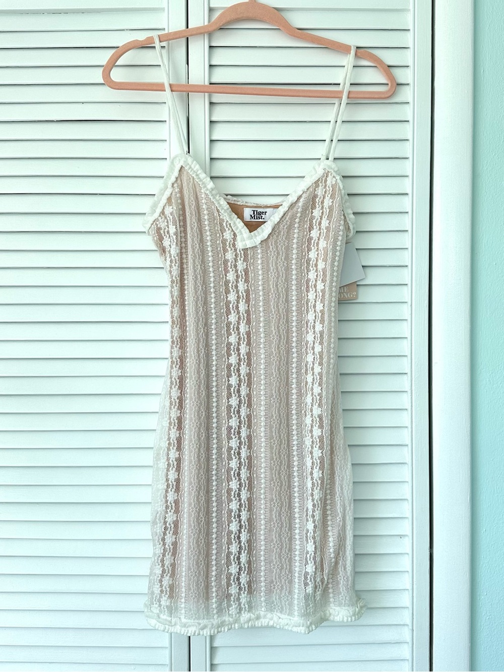 Tiger Mist Lace-Trim Mini Dress in Cream and Nude